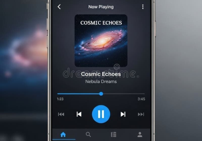 Smartphone zeigt eine Musik-App mit quadratischem Galaxie-Albumcover